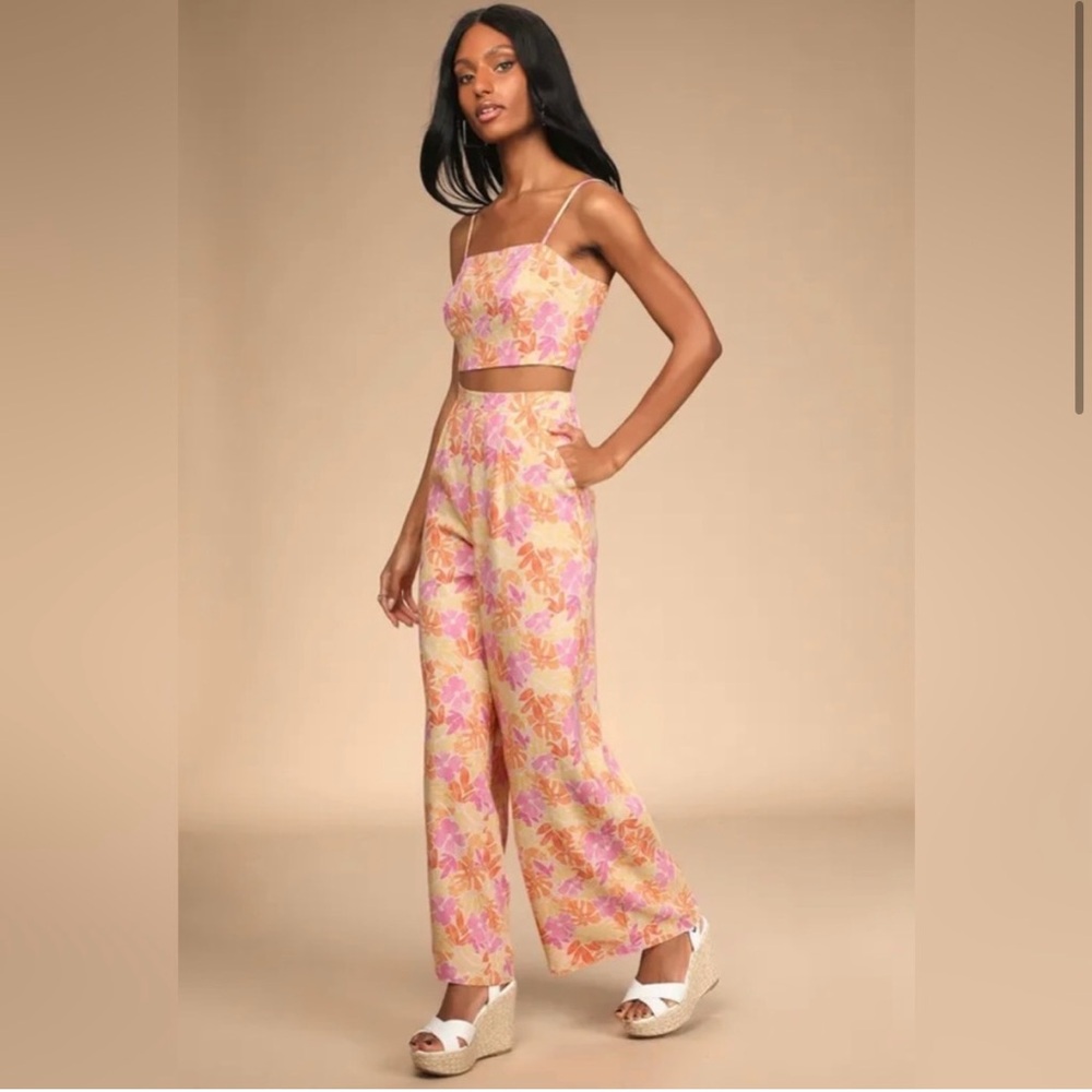 Hibiscus Haze Orange Floral Print Wide-Leg Two-Piece Jumpsuit